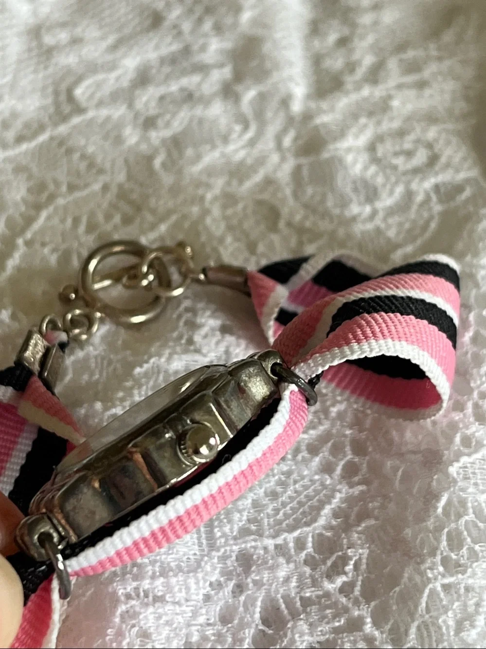 Geneva Pink Black White Ribbon Strap Quartz Watch